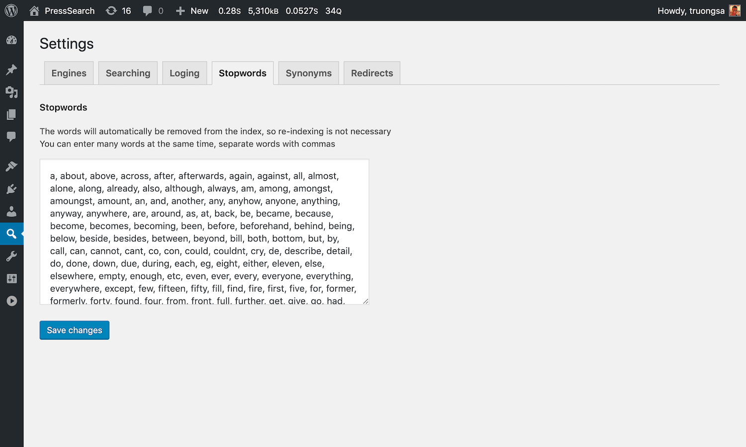 Stopwords settings.