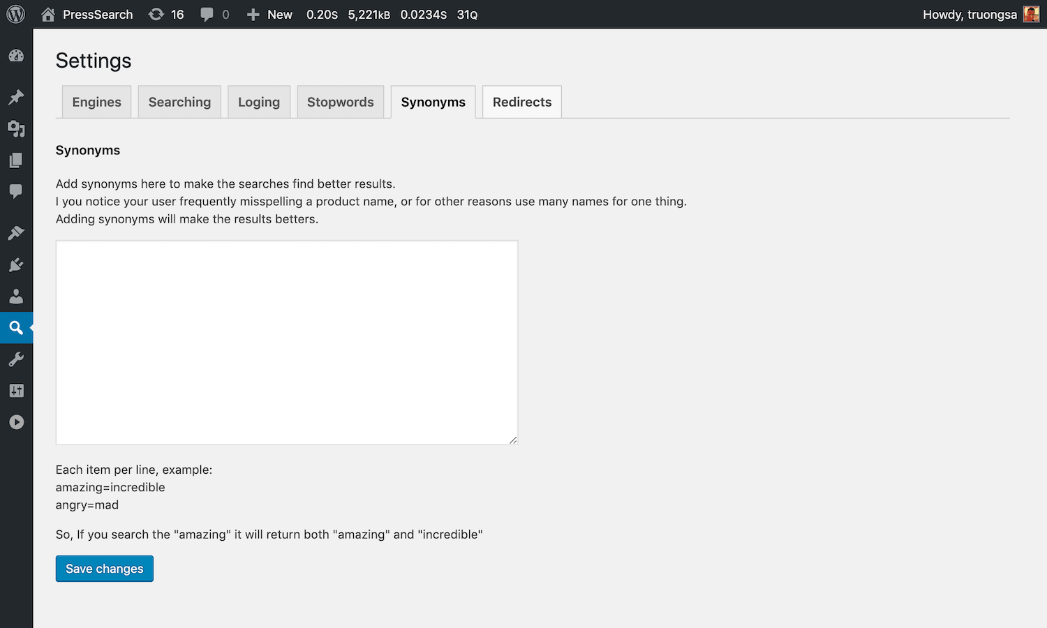 Synonyms settings.