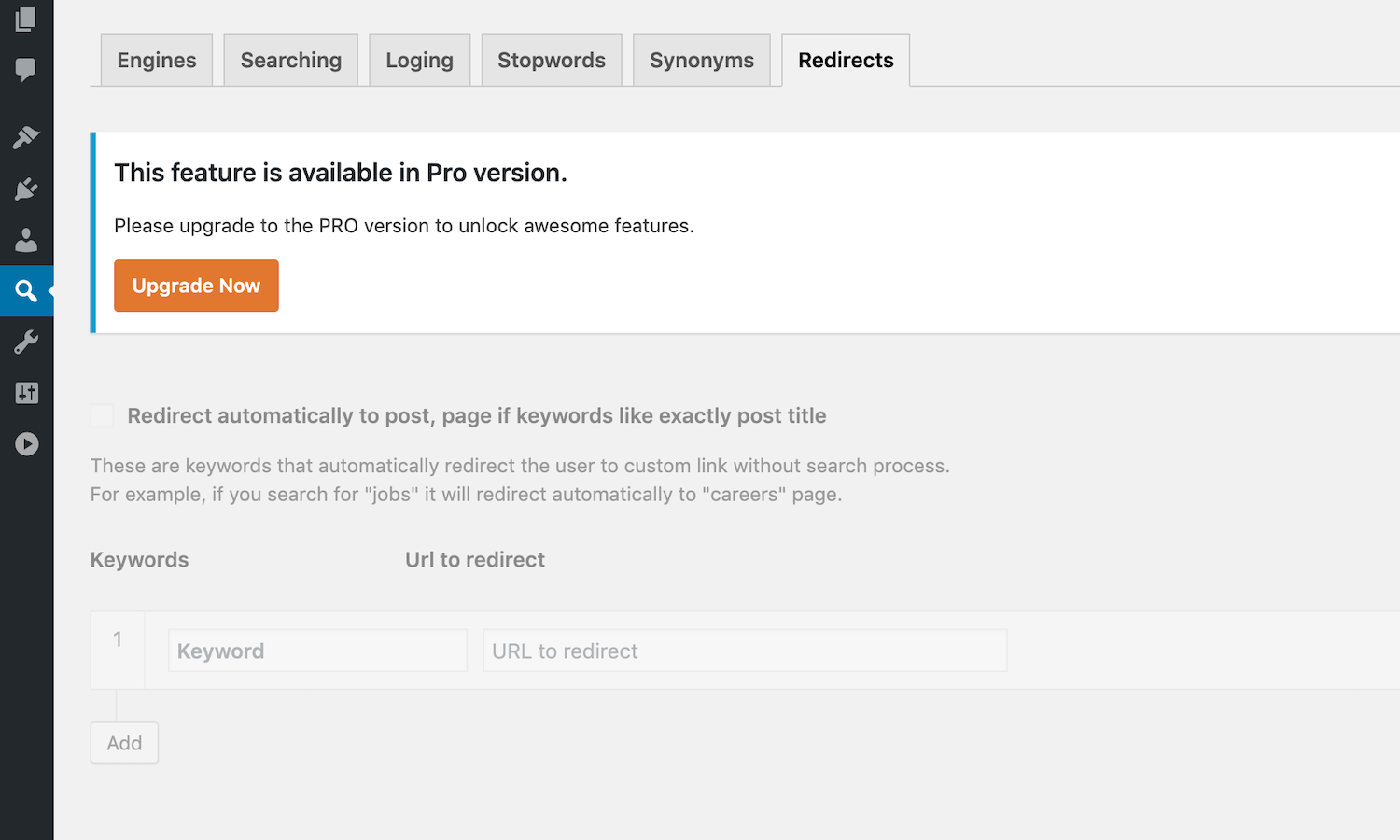 Redirect settings (Pro Only).