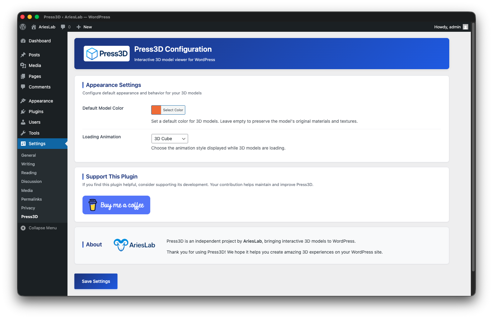 Settings page with default color and loading animation options