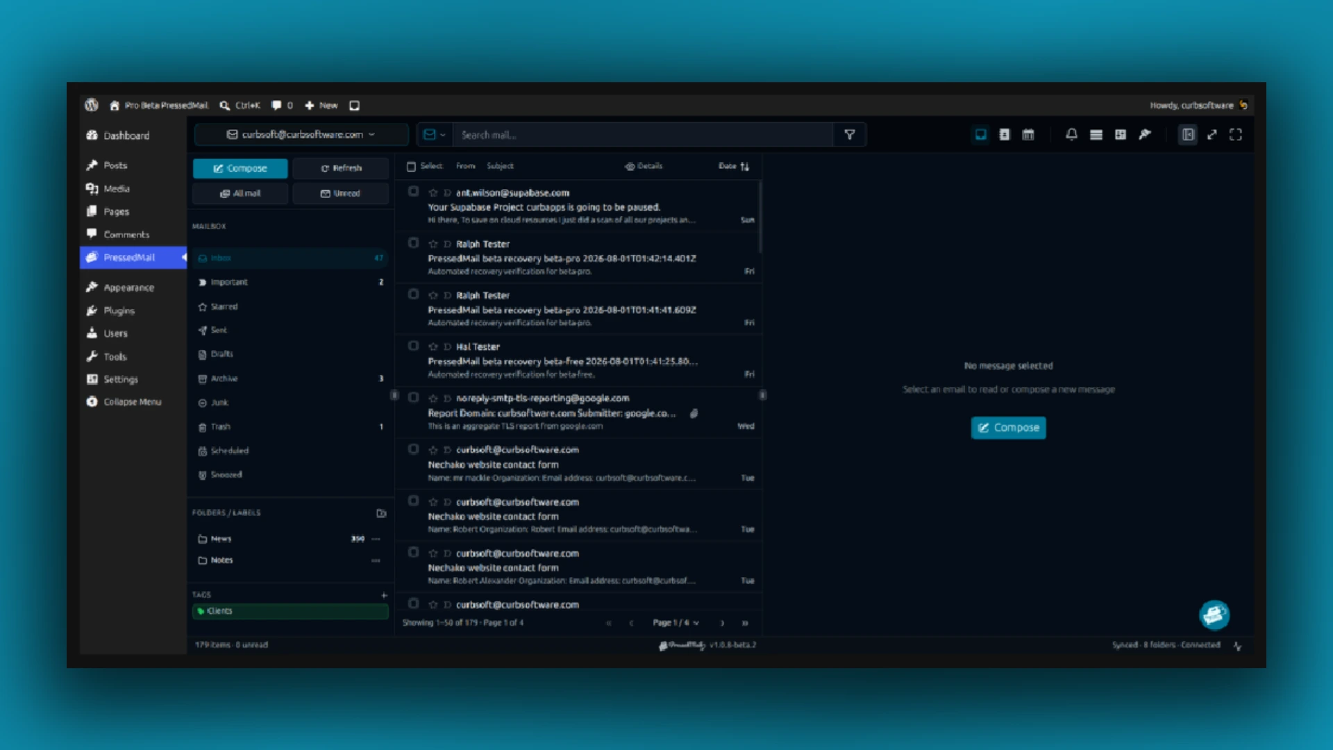 Inbox, folders, tags, and reading pane inside WordPress.