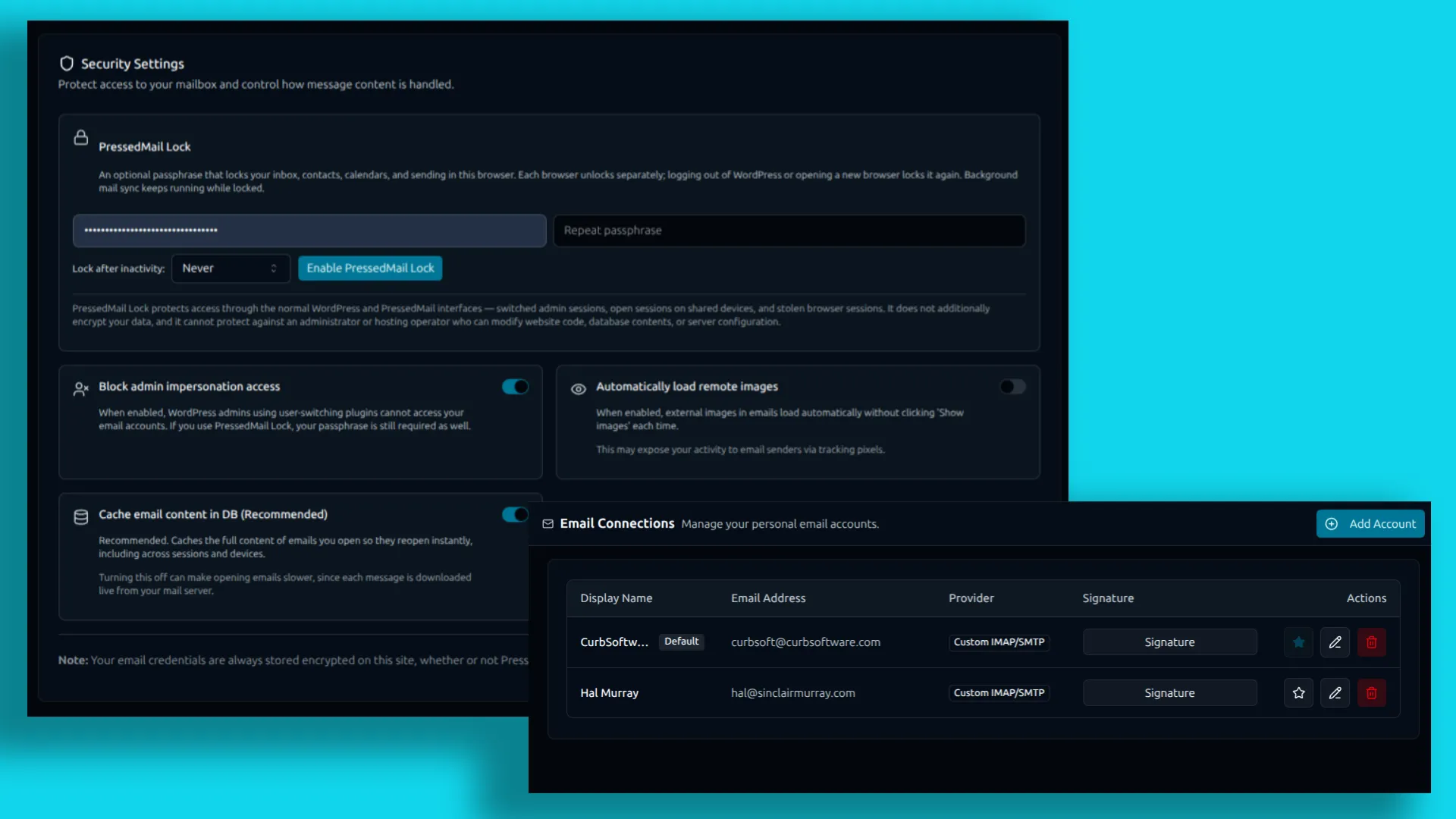 PressedMail Lock, impersonation access protection, and remote-image settings.