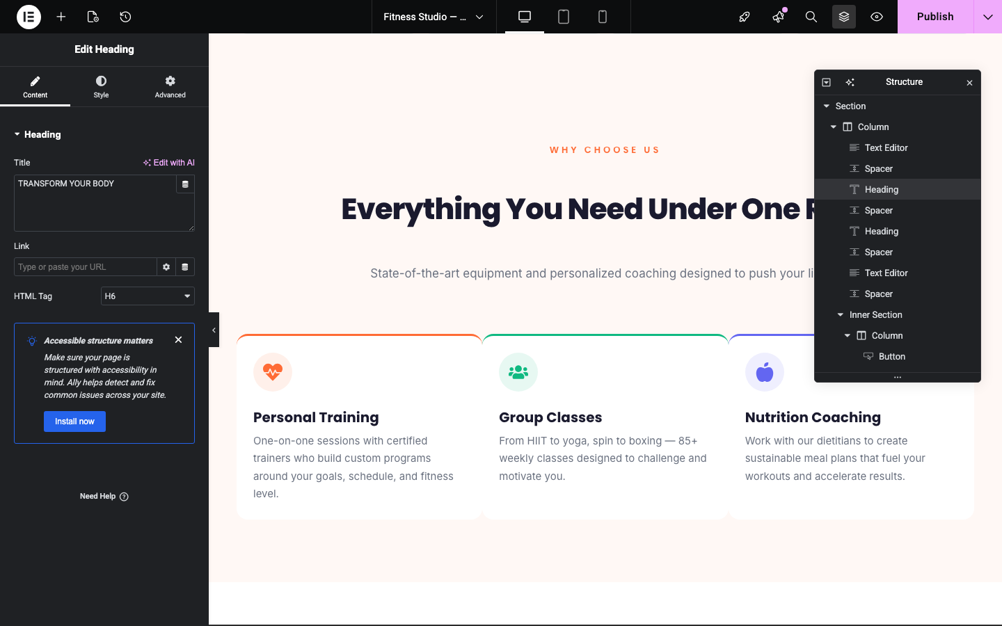 Elementor editor — every widget is fully editable