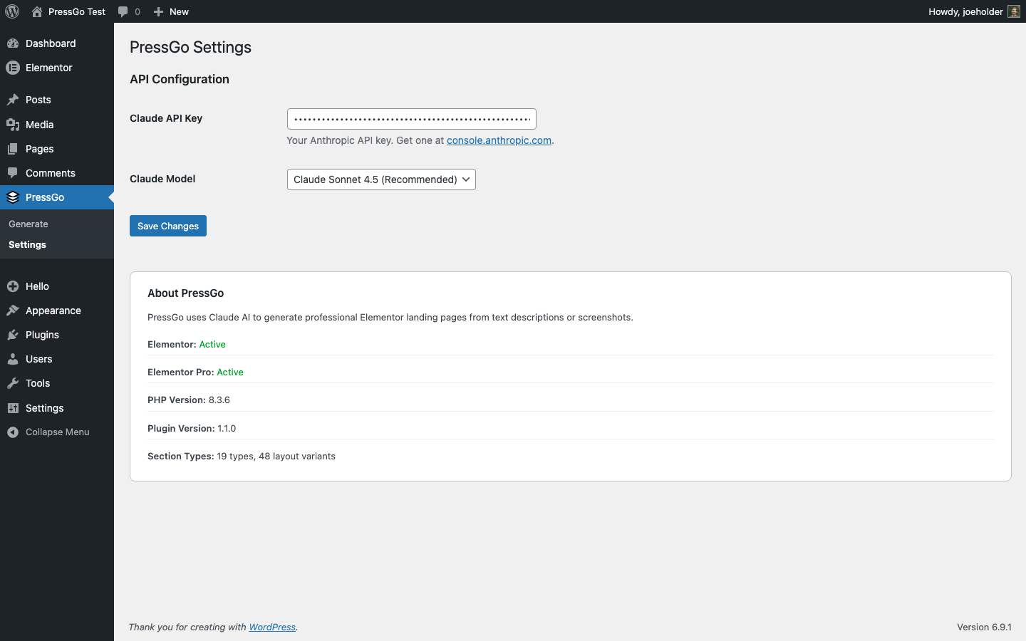 Settings page — enter your Claude API key and choose a model