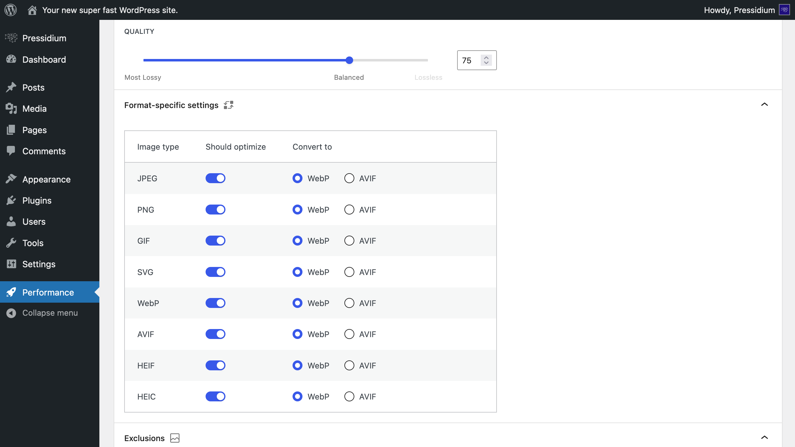 Convert images to modern formats like WebP or AVIF.