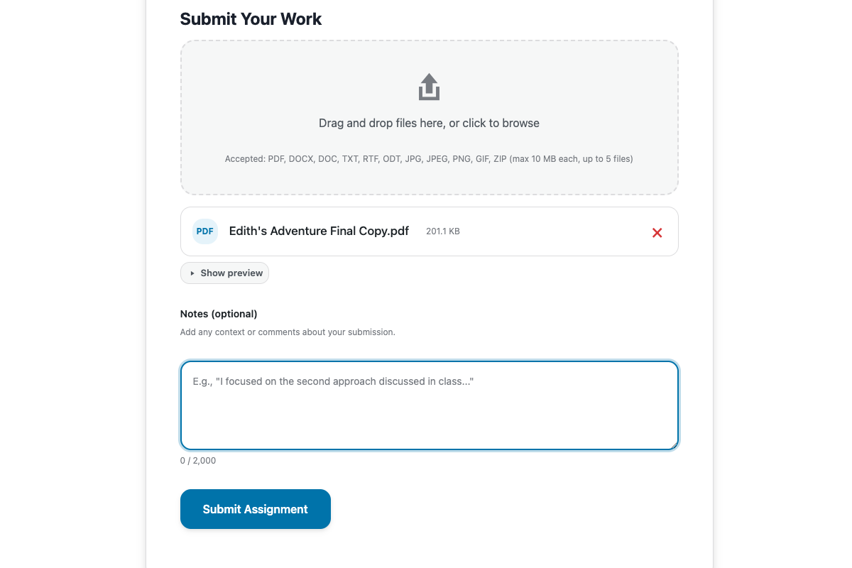 Upload support for a variety of document formats, including PDF, Word, and images
