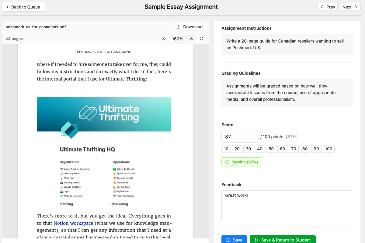 Side-by-side grading interface with embedded document viewer and feedback panel
