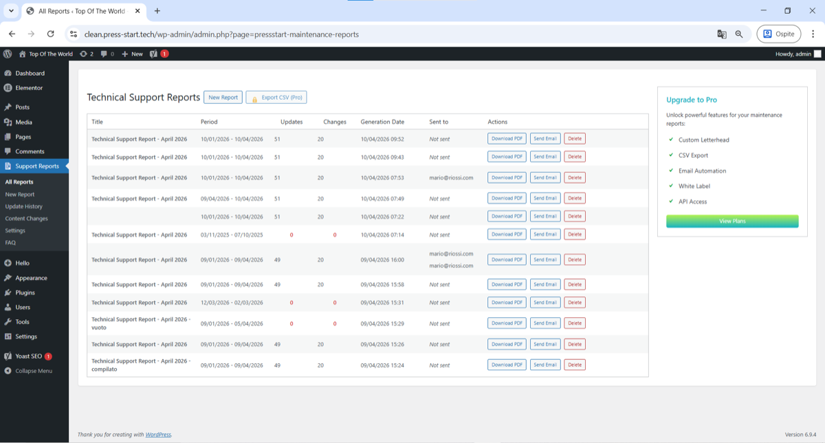 All generated reports at a glance, with direct PDF download and delivery status.