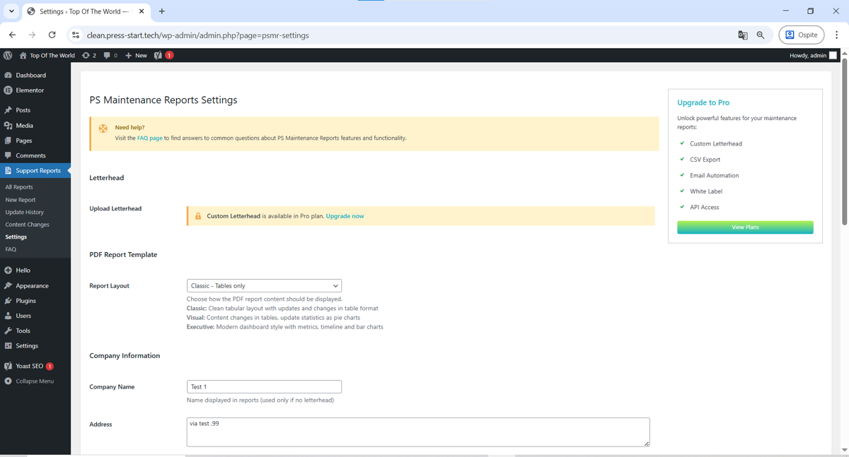 Settings page: PDF template selection and company information used to brand every generated report.