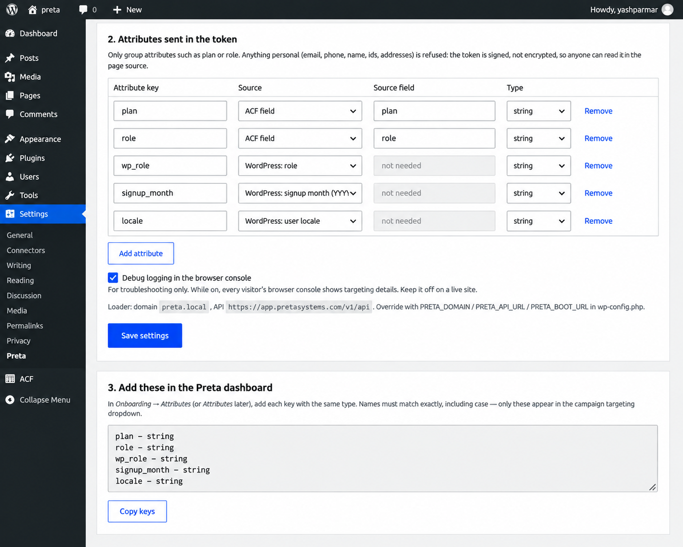 WordPress and ACF attributes selected for the signed user context.