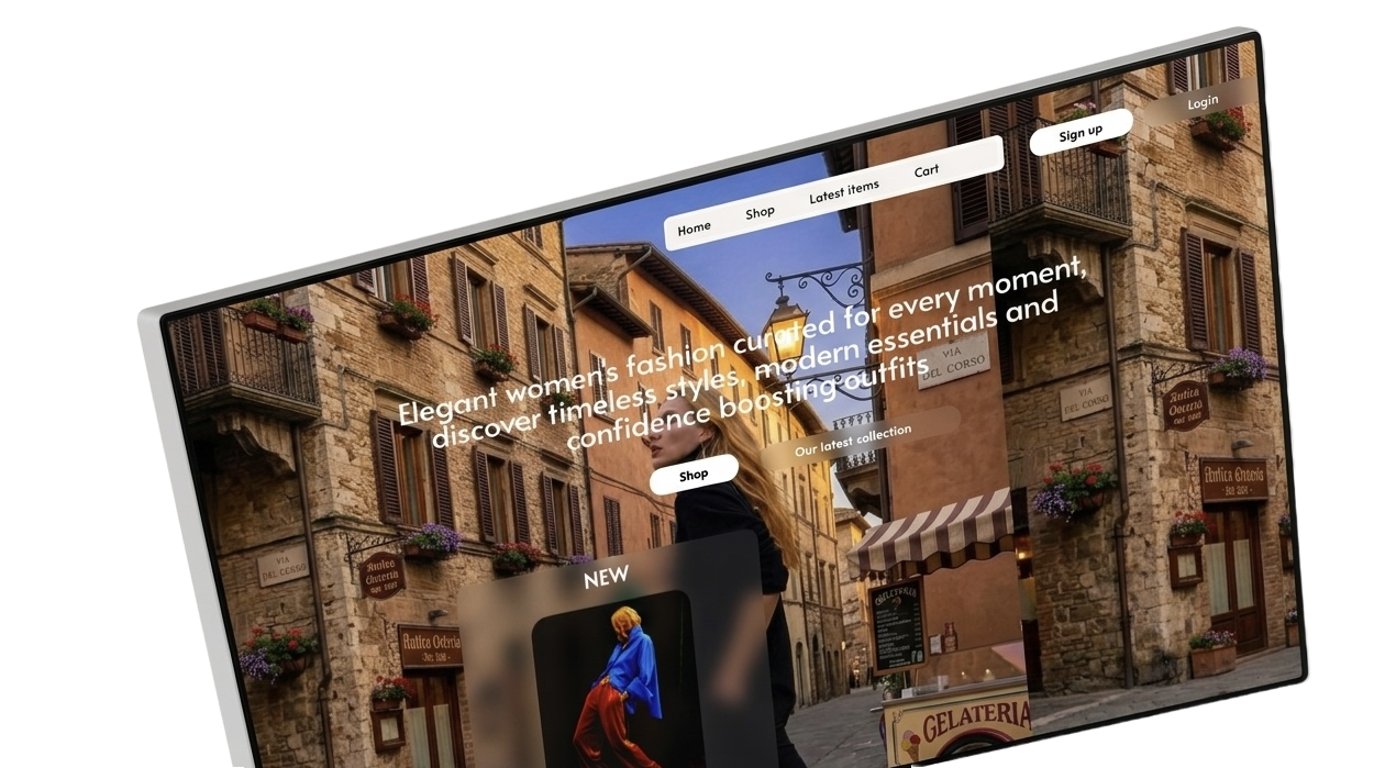 Frontend preview design of an Elementor page showing various PMAKIT widgets used such as glass blurred background, menu, small buttons.