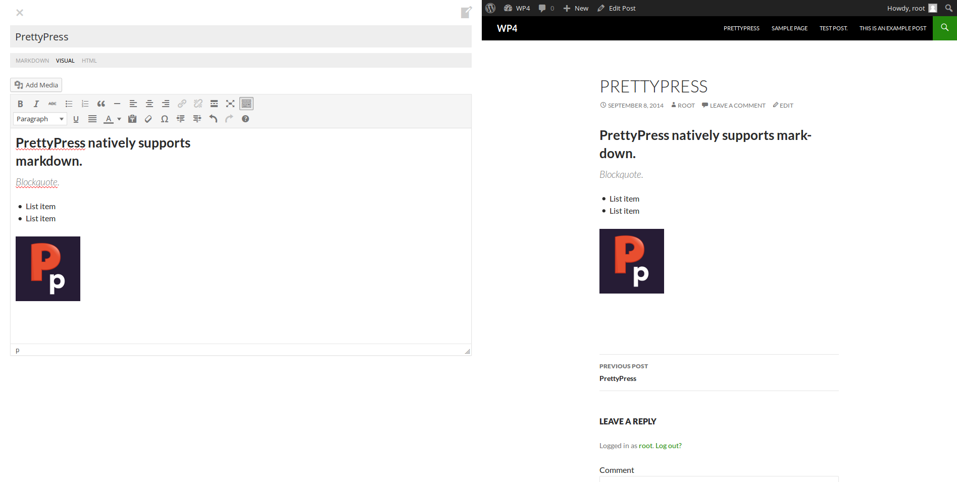 The PrettyPress live preview layout.