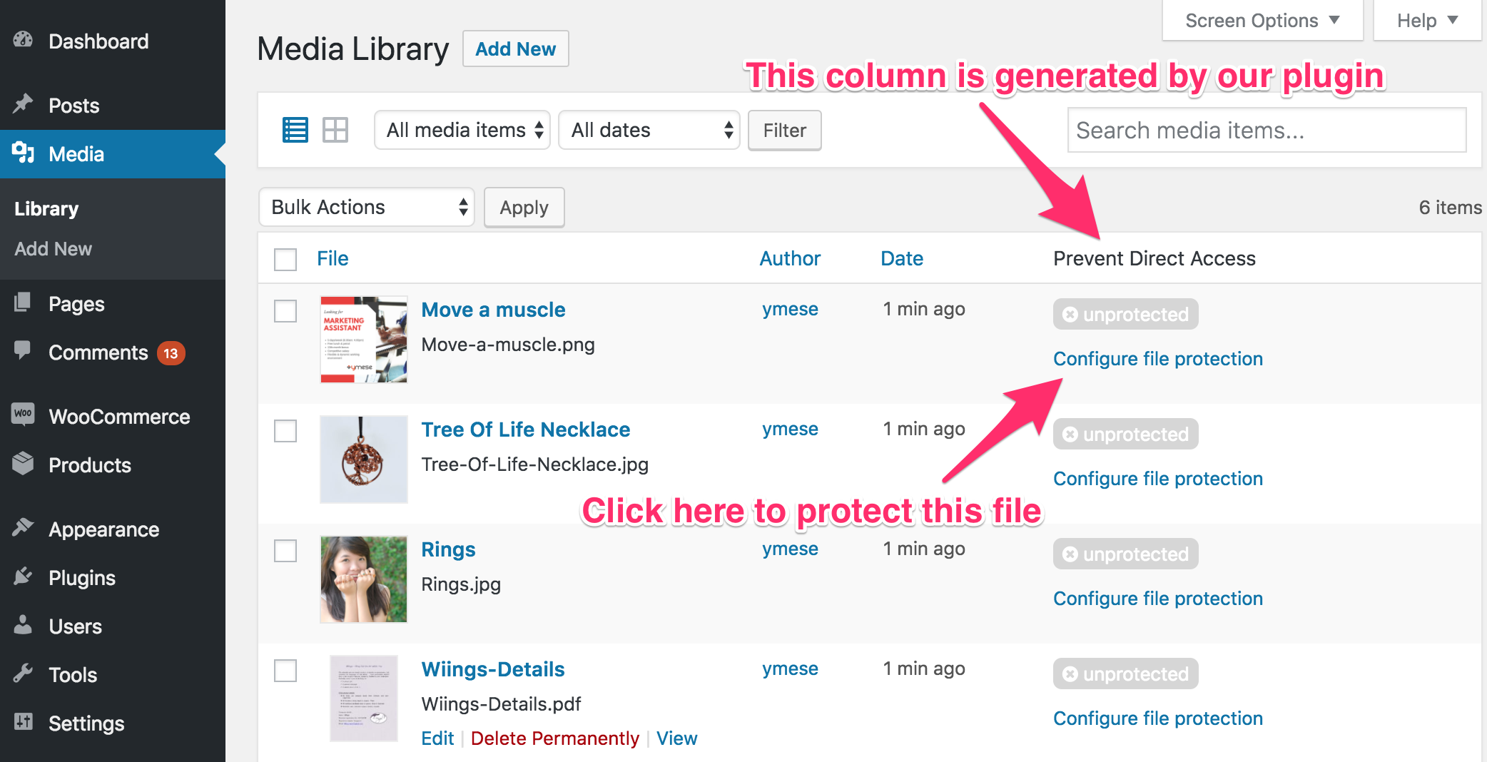 There’s an extra column called "Prevent Direct Access" auto-generated by our plugin. Click on "Configure file protection" and start protecting your private file.