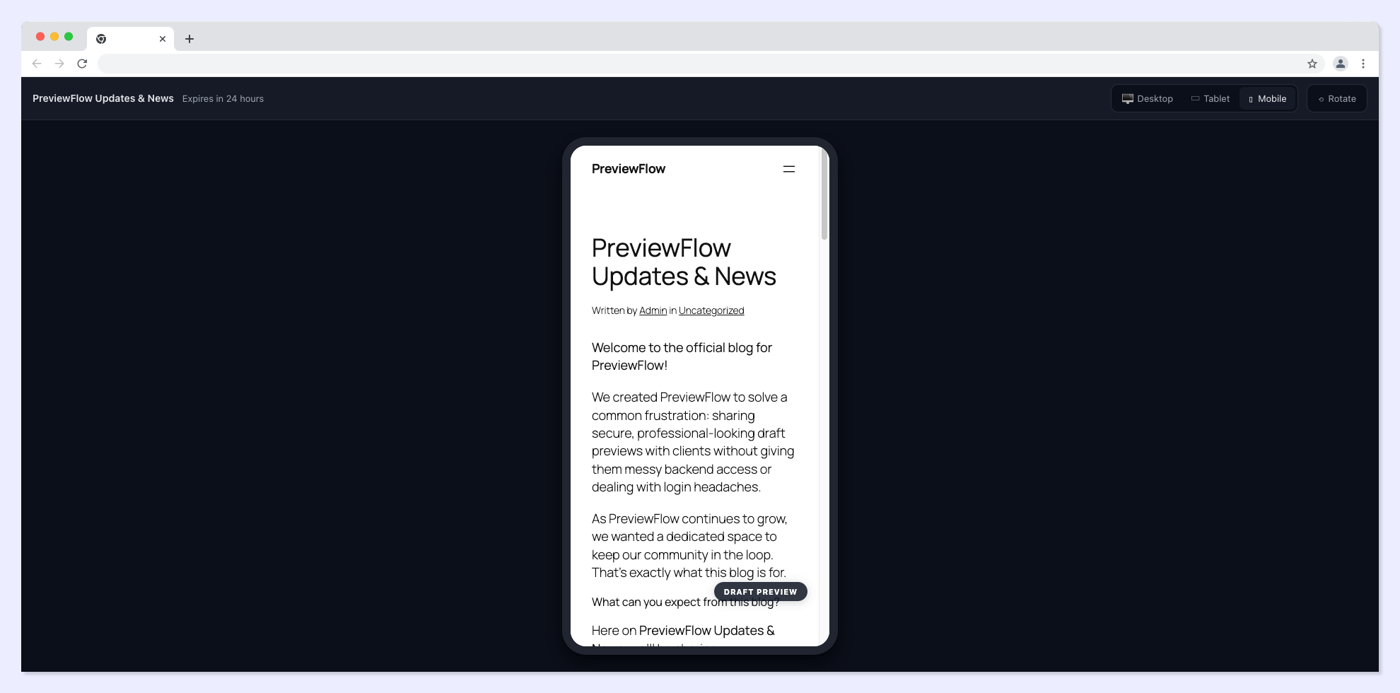 The preview links dashboard with status, expiry and view counts.