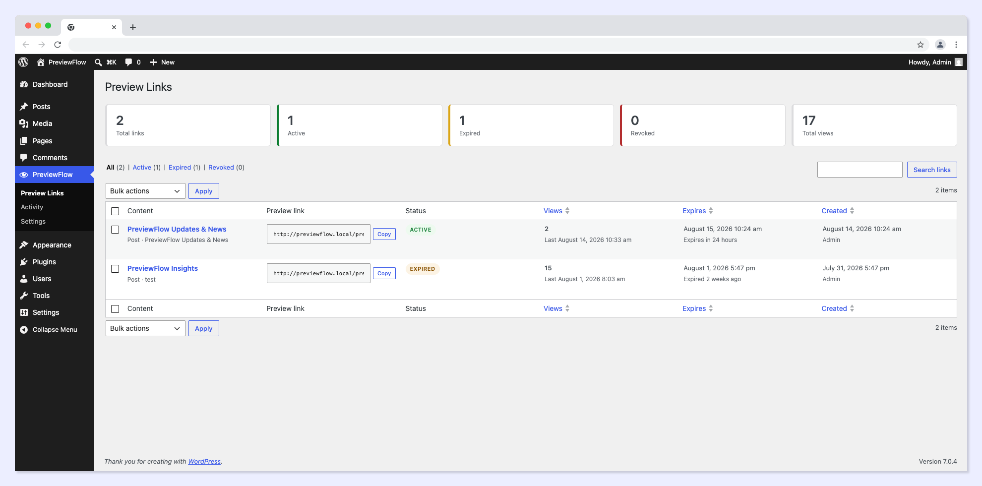 The activity screen with the daily views chart and full history.
