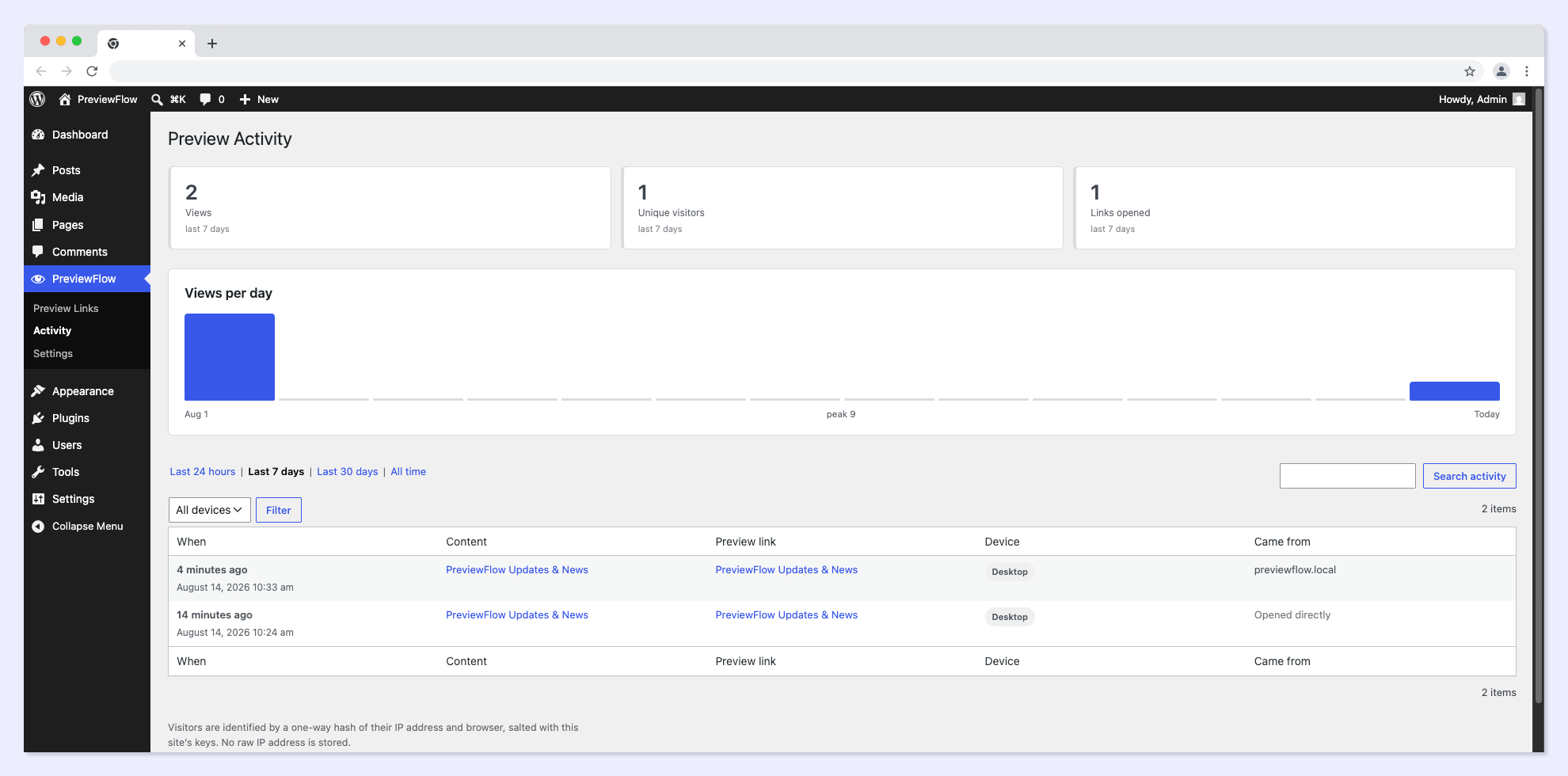 Settings (General) — manage your global default settings for preview links.