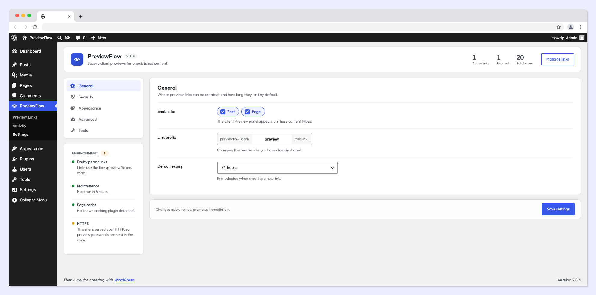 Settings (Security) — configure password defaults and rate limiting.