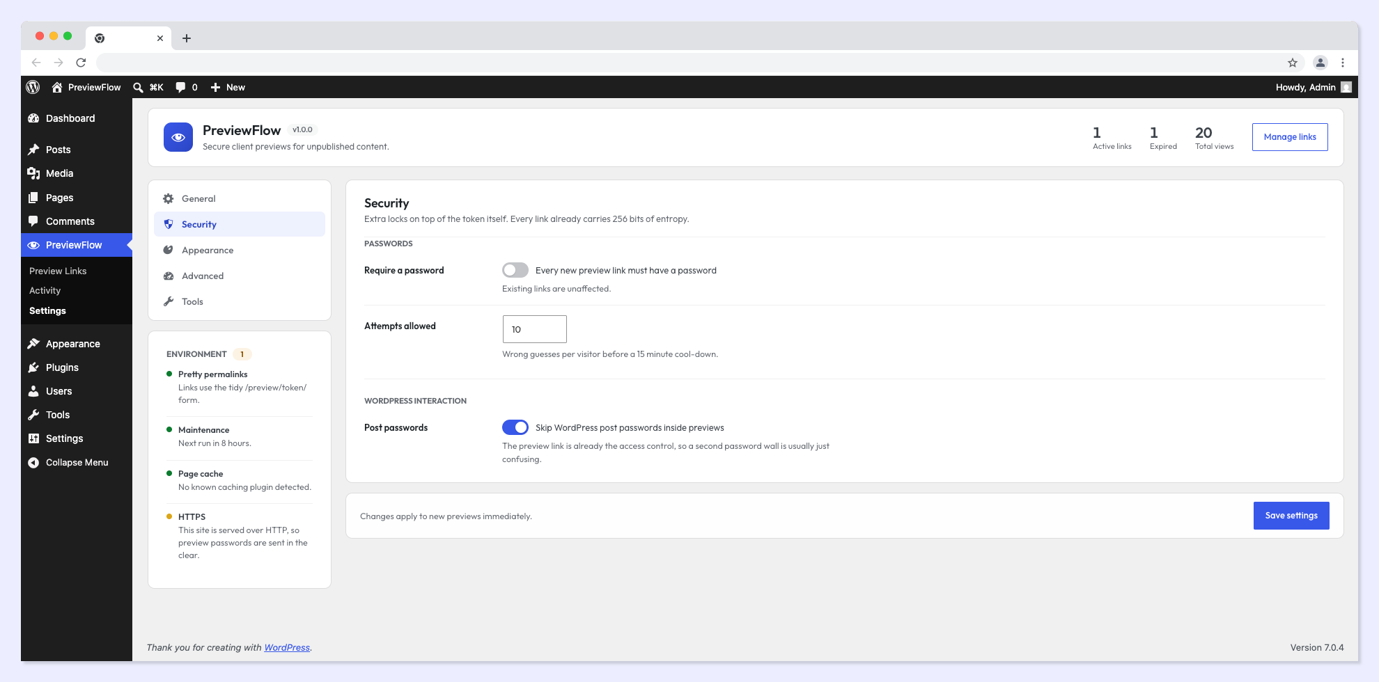 Settings (Appearance) — customise your draft watermark with a live preview.