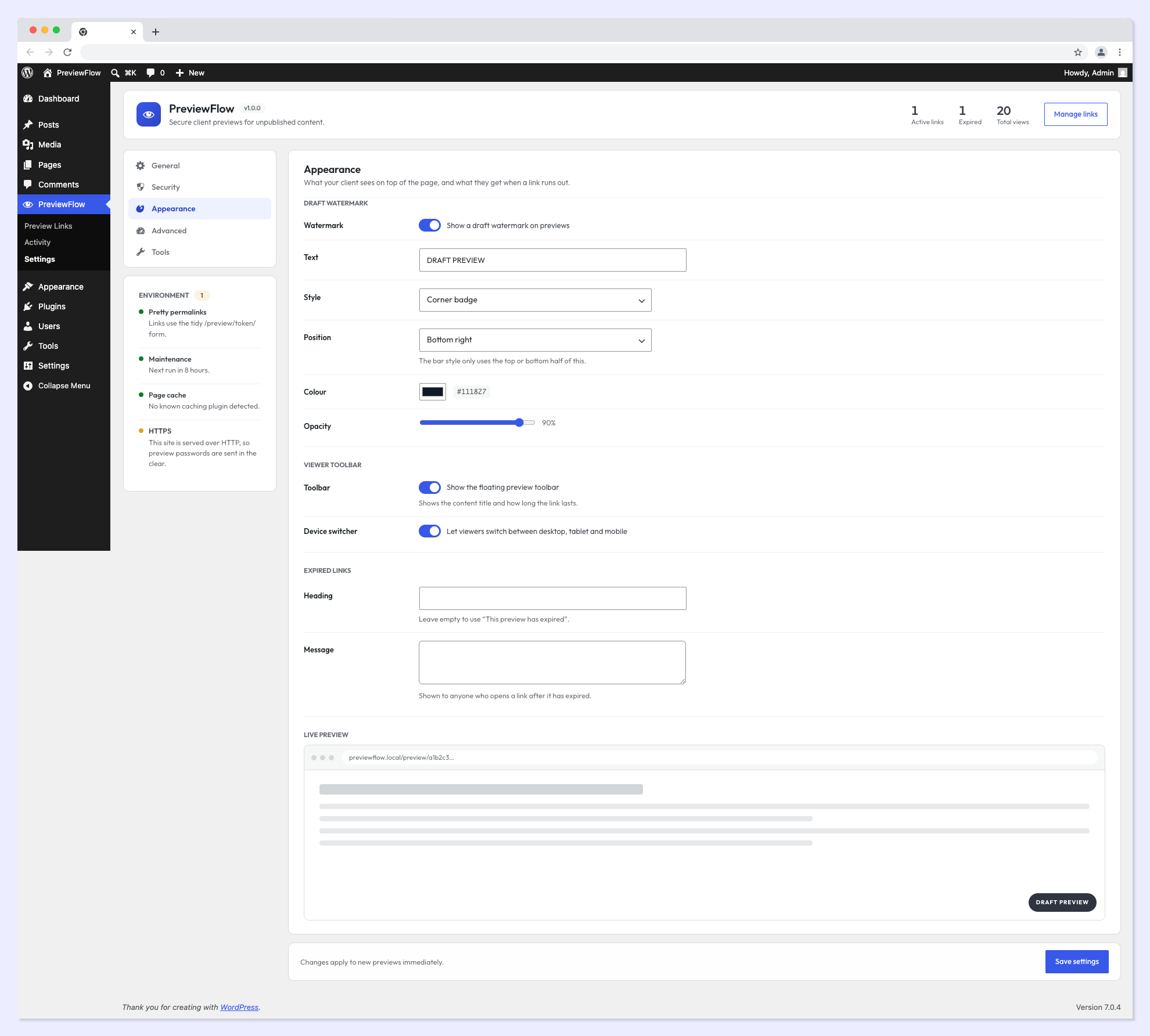 Settings (Advanced) — check environment status and advanced options.