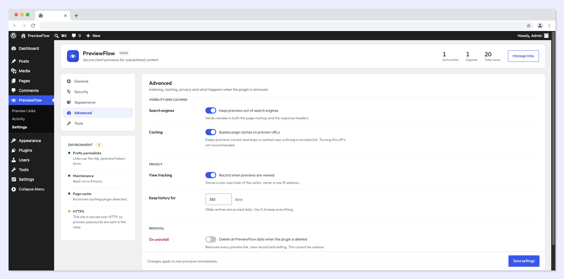 Settings (Tools) — export, import, reset, and clear view history.