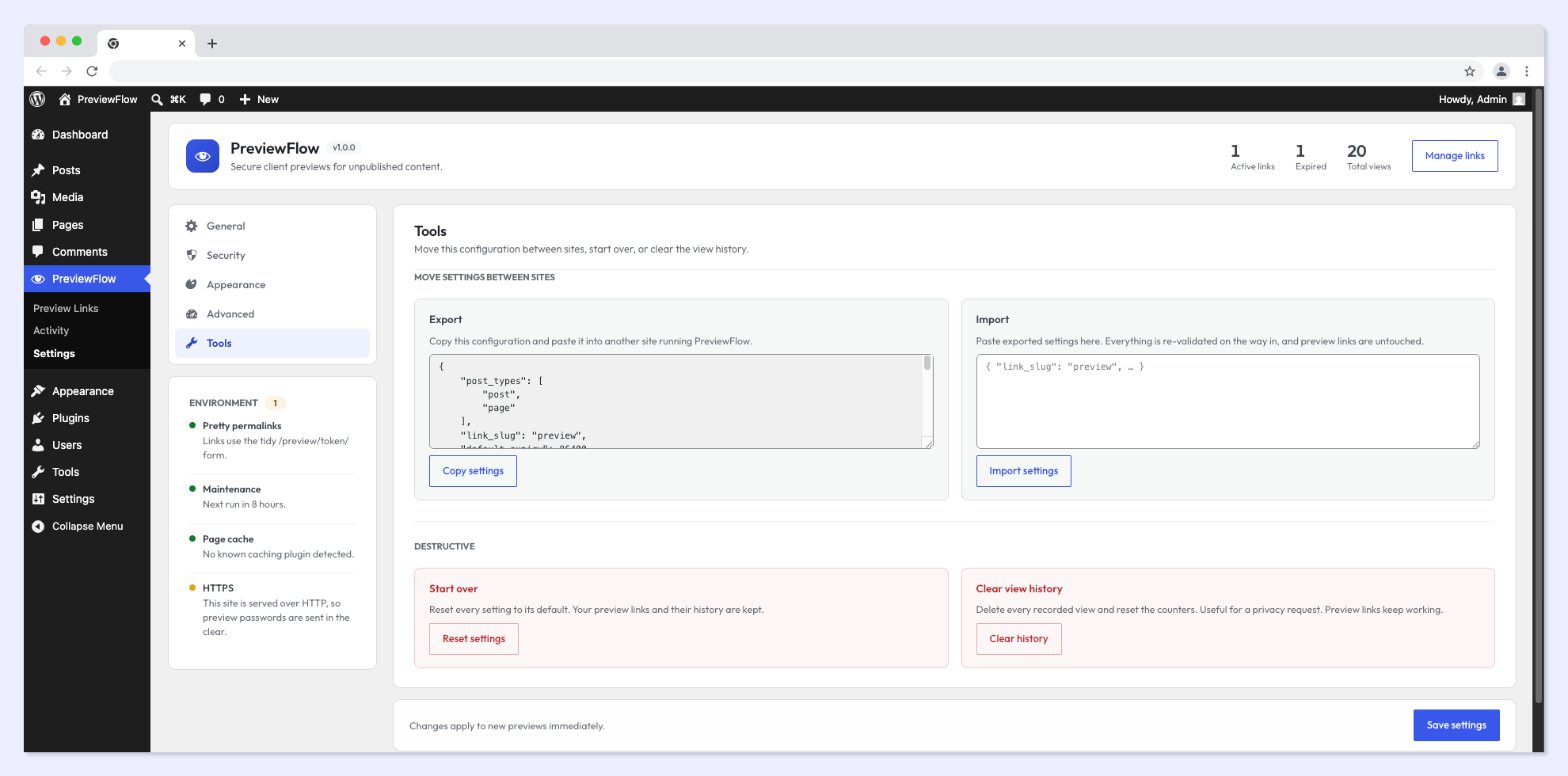 A preview as the client sees it, with the draft watermark and device switcher.