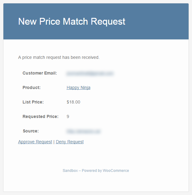 Admin notification email for new price match request.