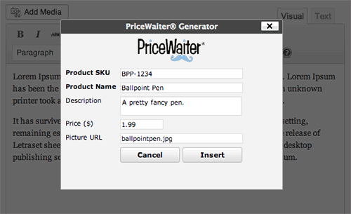 Enter a SKU and name for your product (description, price, and picture are optional).