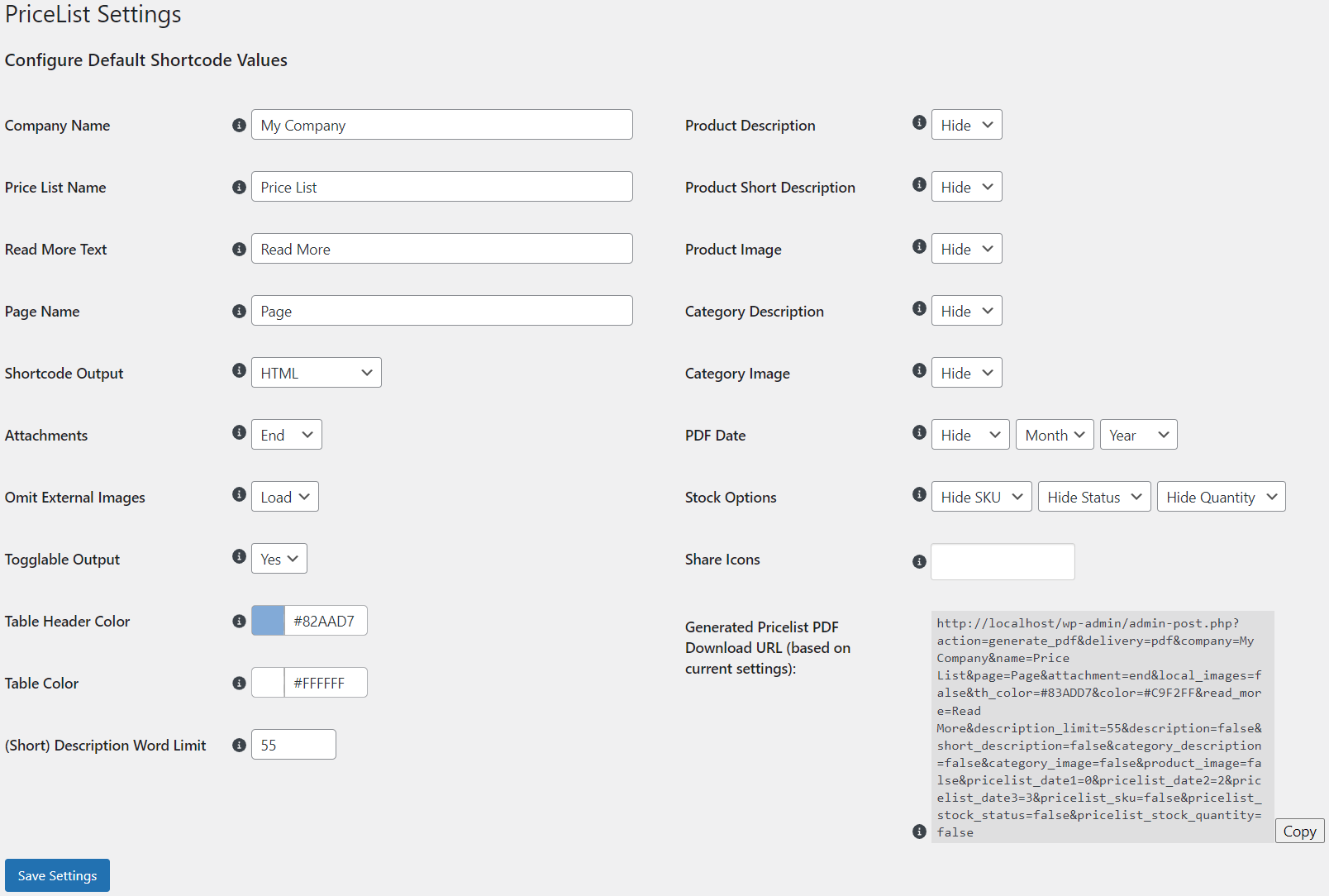 The Settings page with all the default settings.