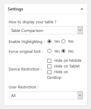 Pricing Table settings (PRO Version)