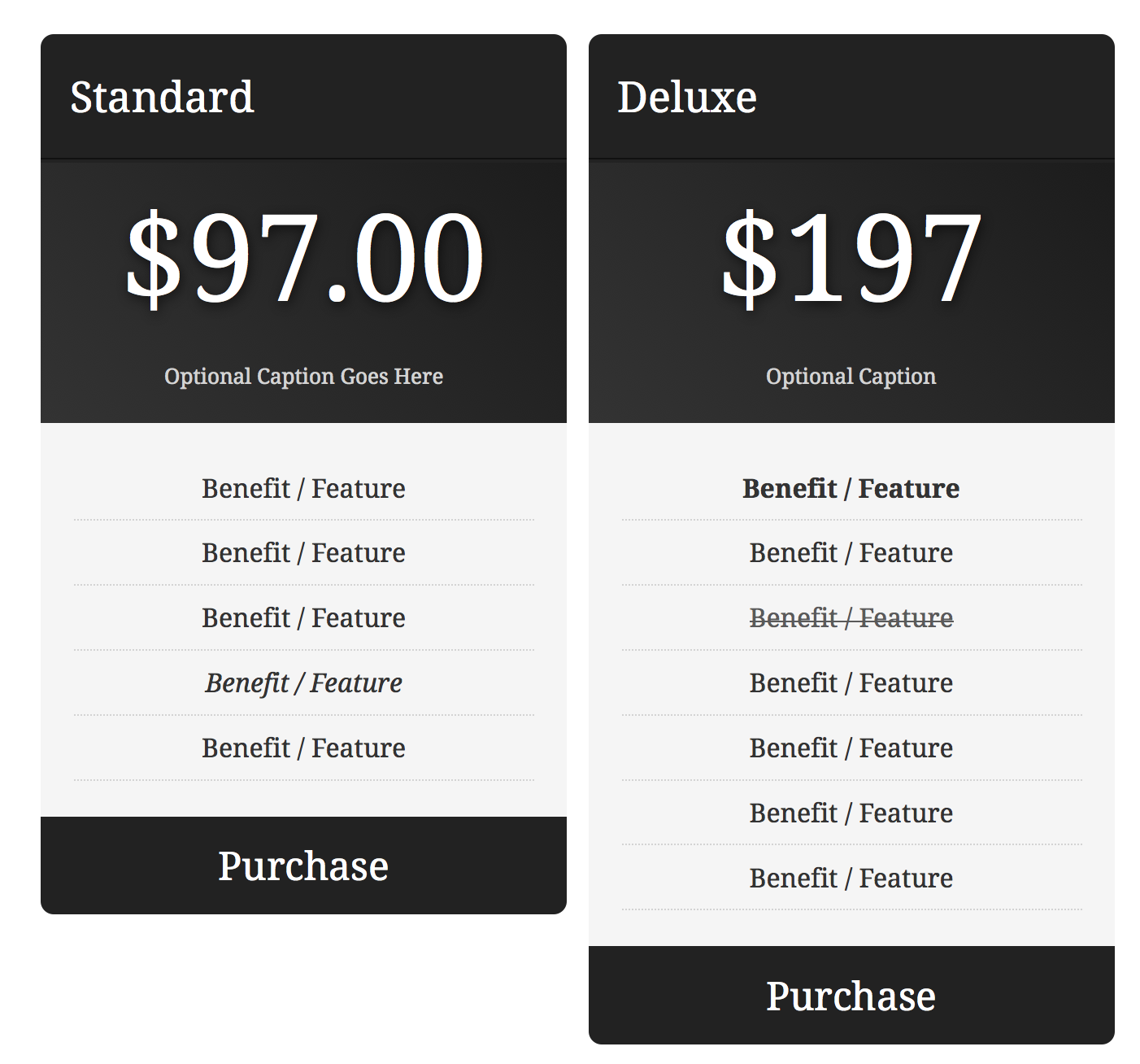 This is a screenshot of the pricing tables using the included CSS styles.
