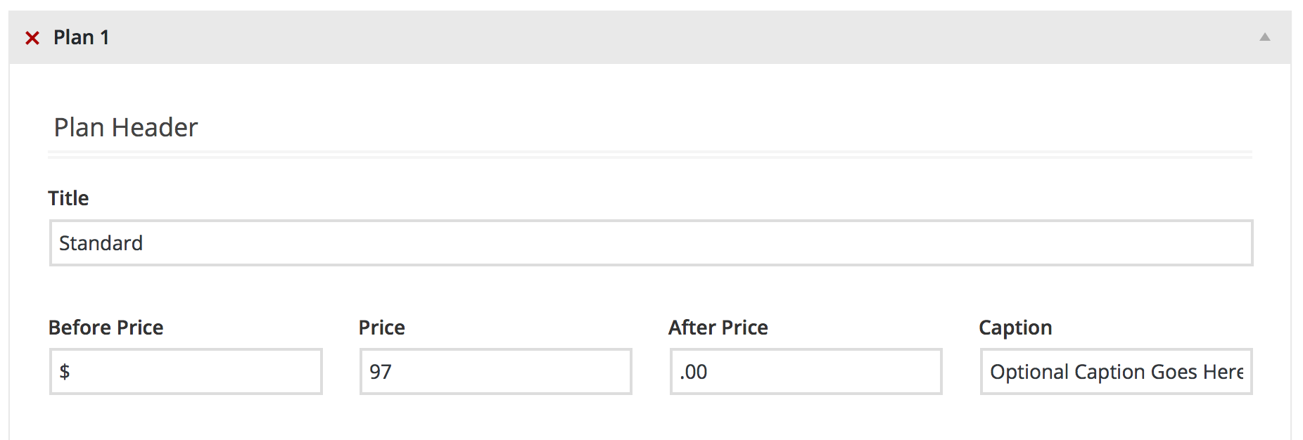 Individual plan settings (1 of 2). Set your price, currency, caption, and plan title.