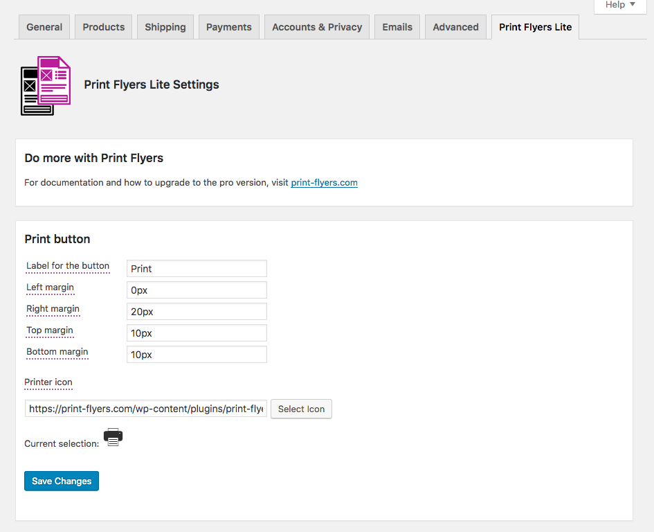 The Print Flyers Lite WooCommerce settings tab.