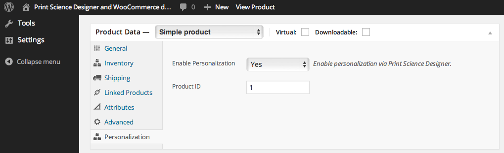 Product configuration screen