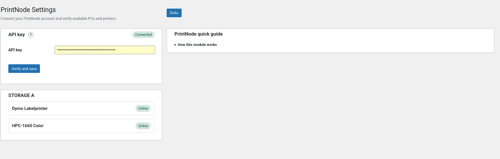 PrintNode settings for connecting a cloud printing account and loading printers.