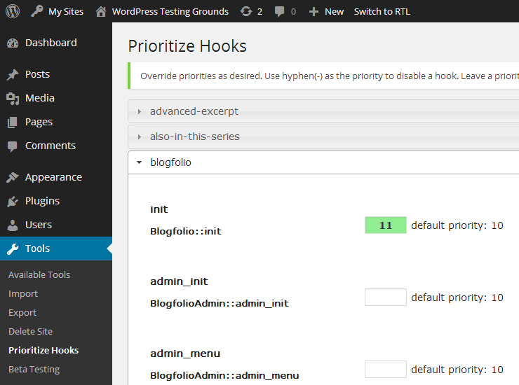 A sample view of the Prioritize Hooks settings page where I have overridden the AddCommentsAdds filter attached to `the_content` hook.