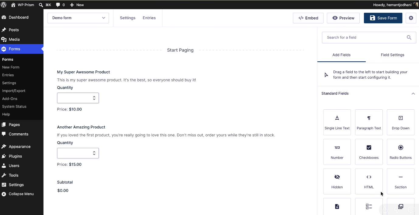Gravity Forms builder showing product fields.