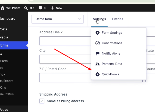 Form settings dropdown to access QuickBooks integration.