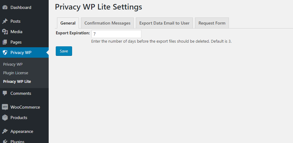 Change the number of days before the export file expires. WordPress default expiration length is 3 days.