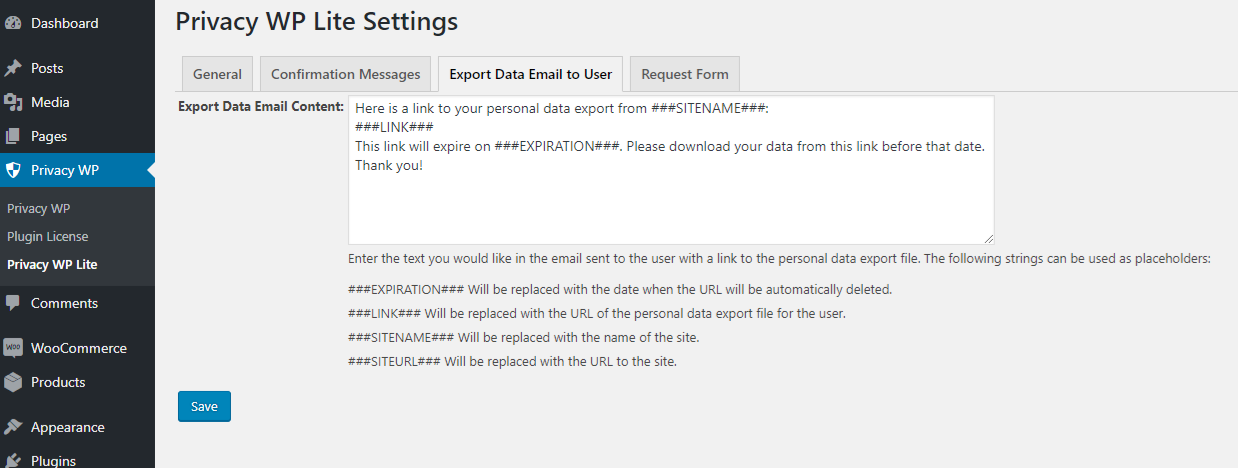 Edit the email sent to users who are requesting an export of their data.