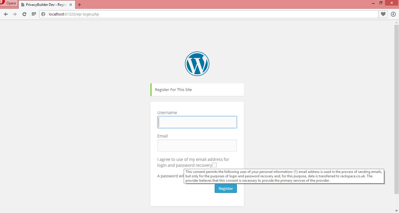 Registration page with PrivacyBuilder plugin enabled