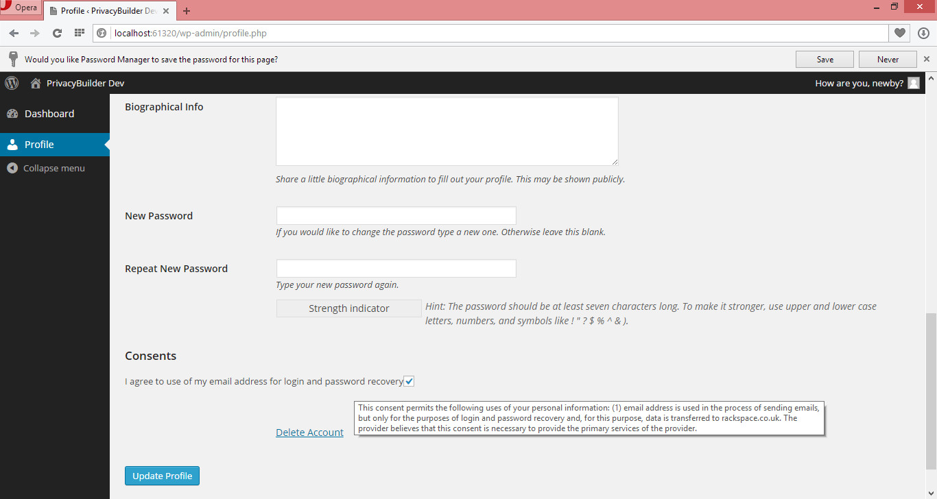 Profile page with PrivacyBuilder plugin enabled