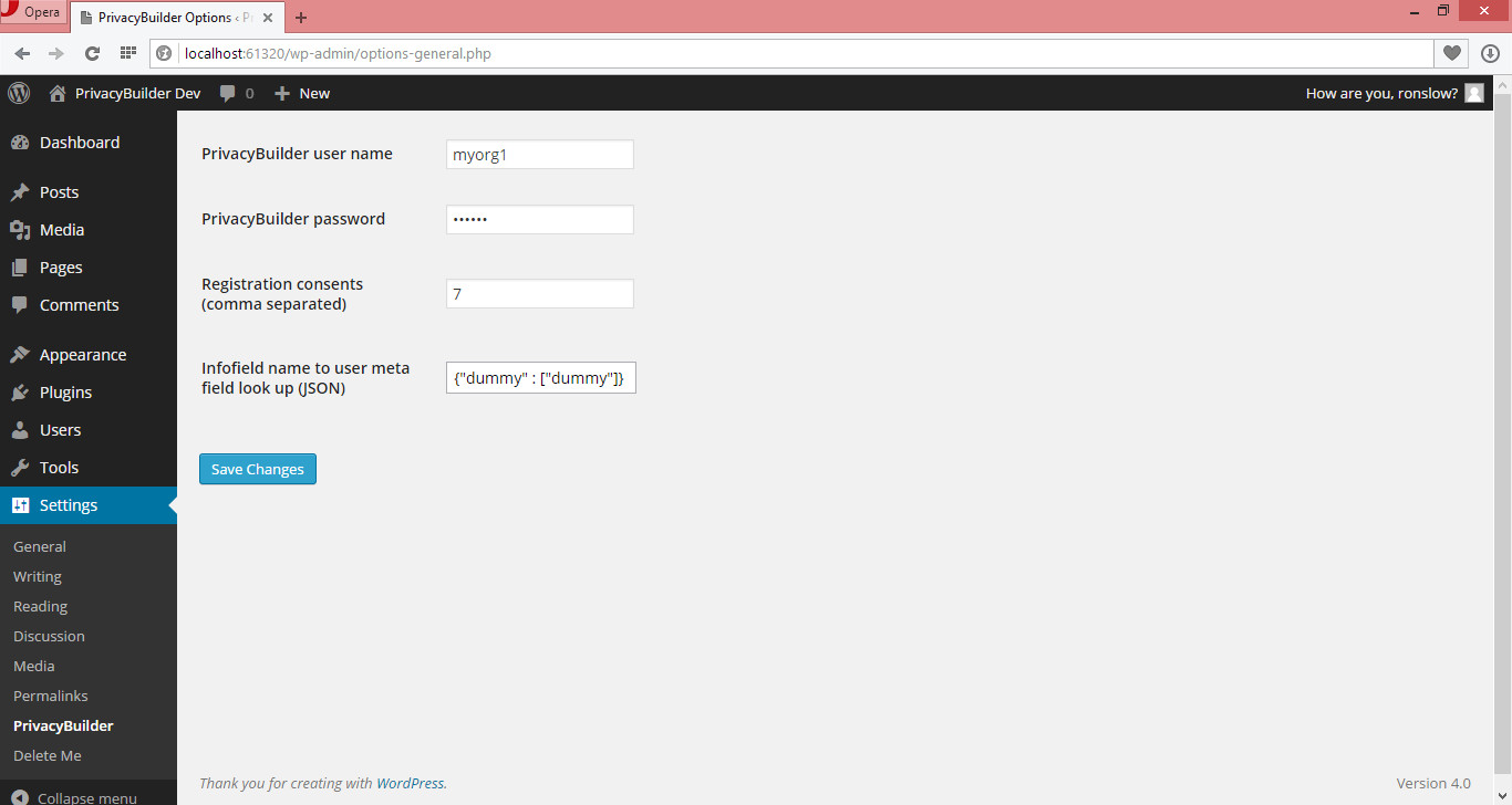 Admin page for PrivacyBuilder