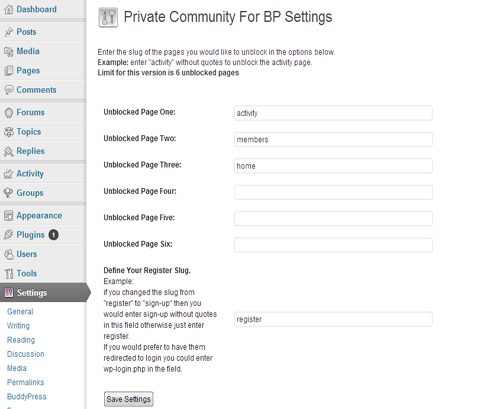 Private Community For BP Lite settings page