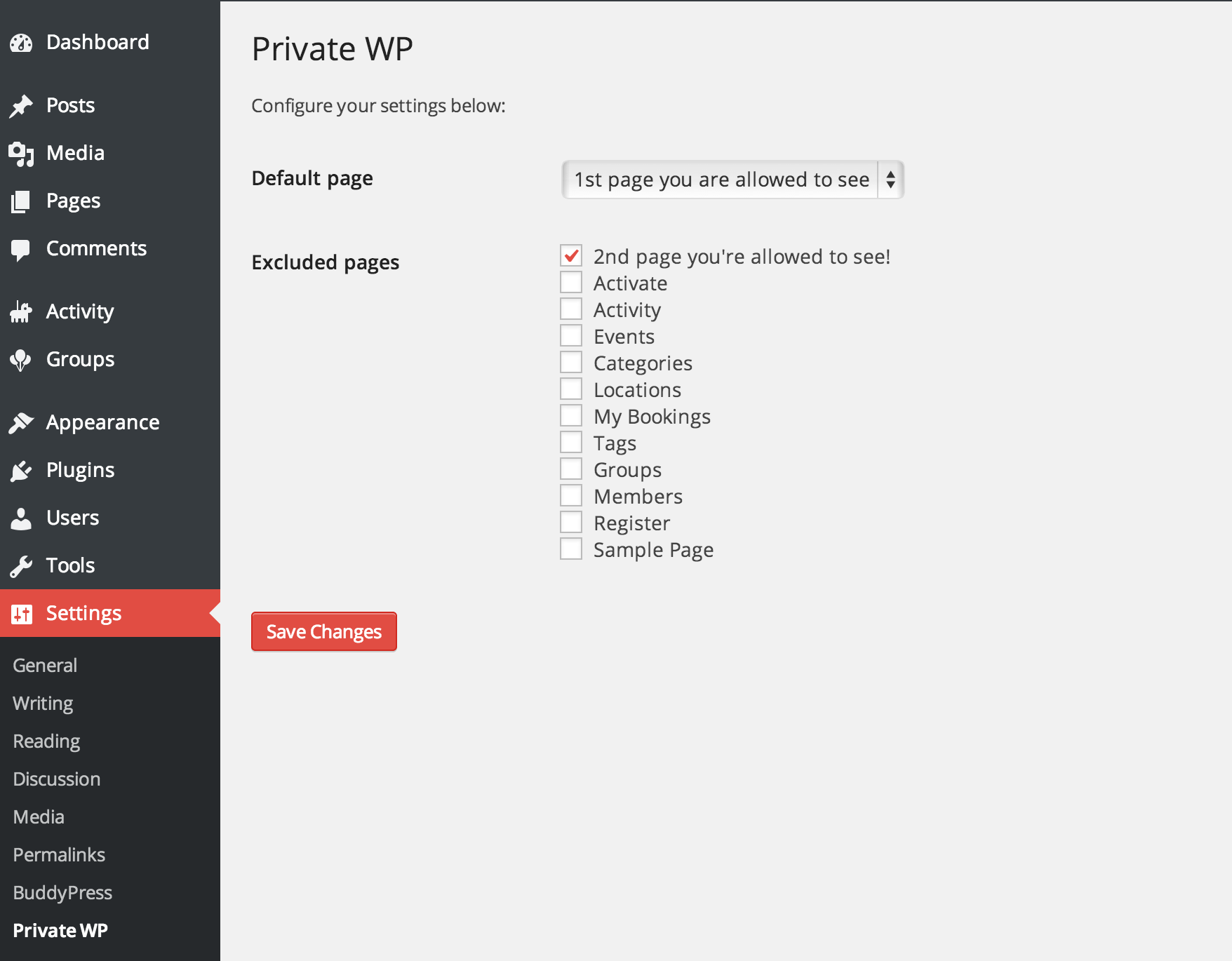 The settings page