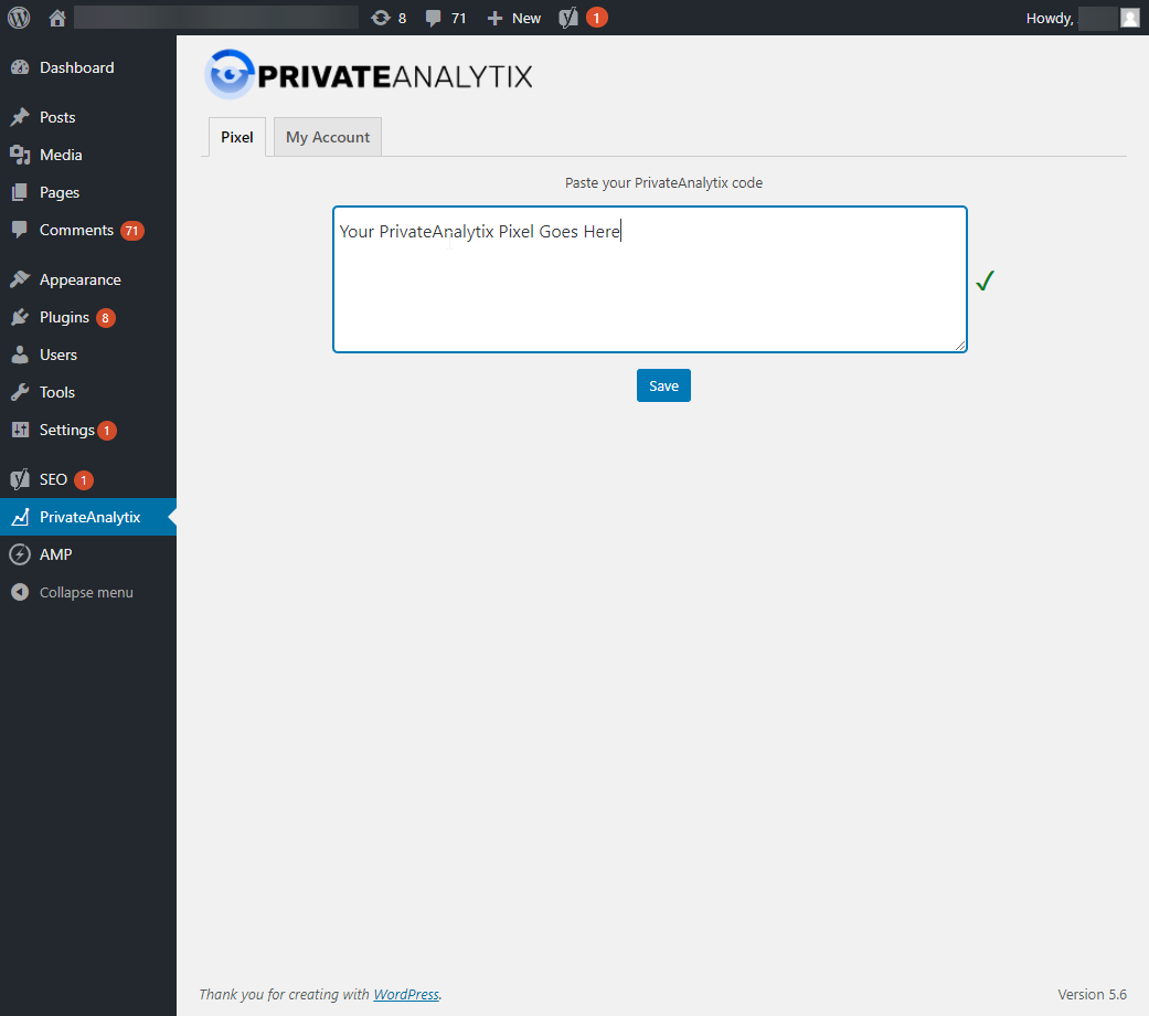 PrivateAnalytix plugin in WP dashboard