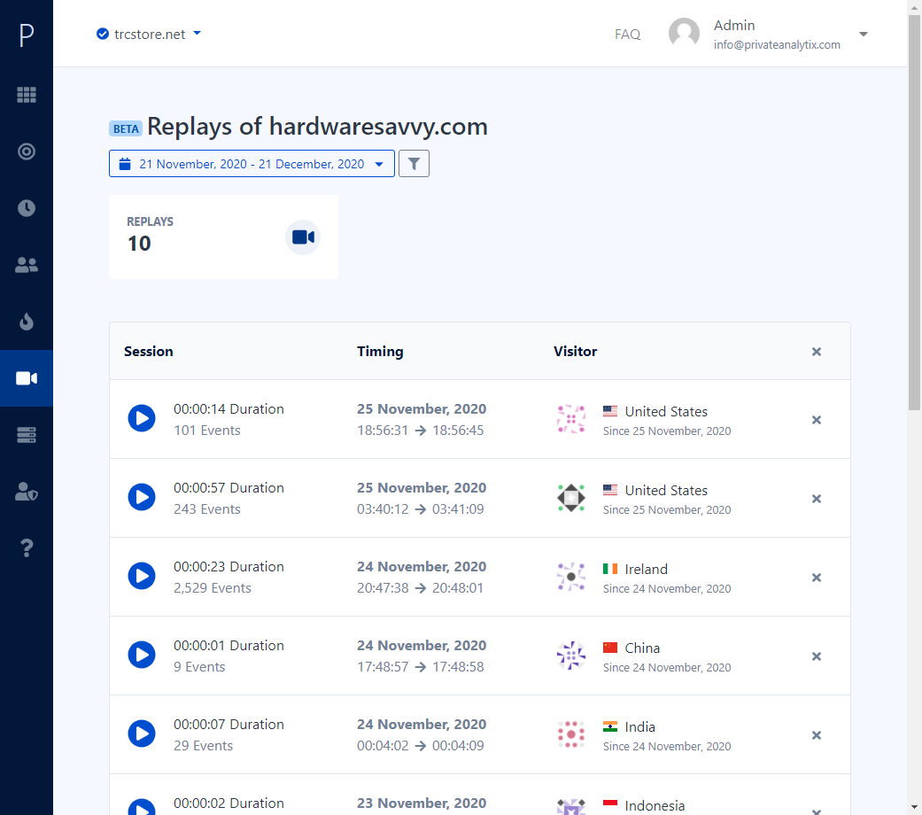 "Session Replays" in PrivateAnalytix -> My Account