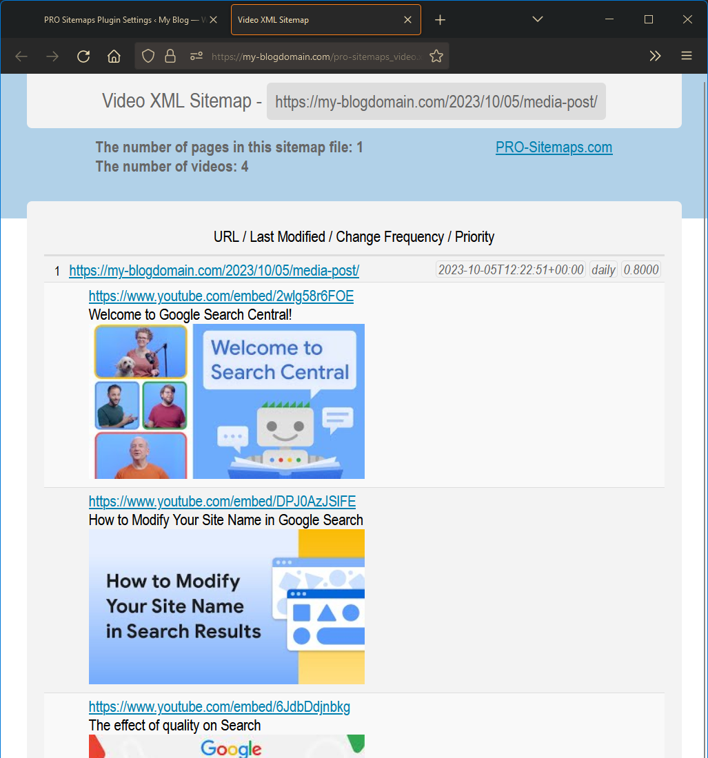 An example of self-hosted Video sitemap