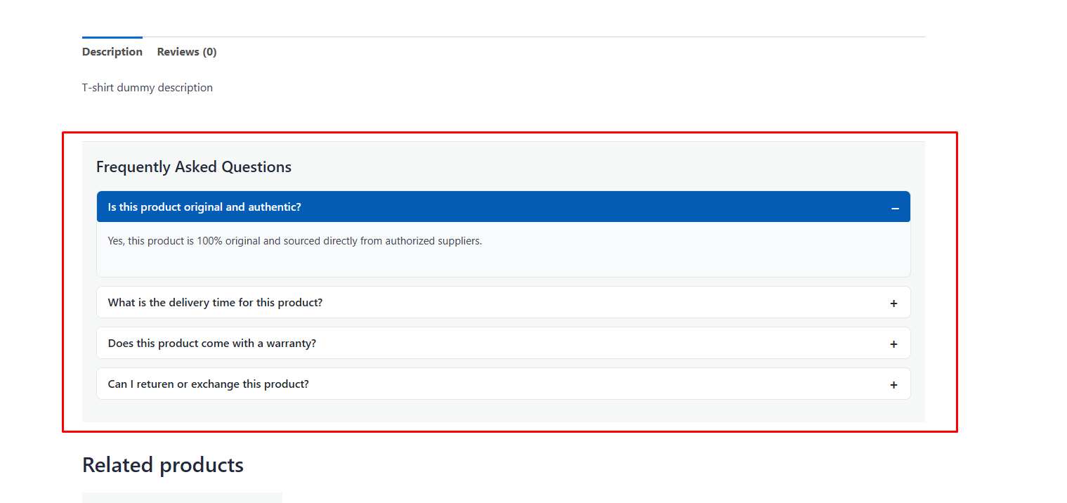 FAQ display on the single product page