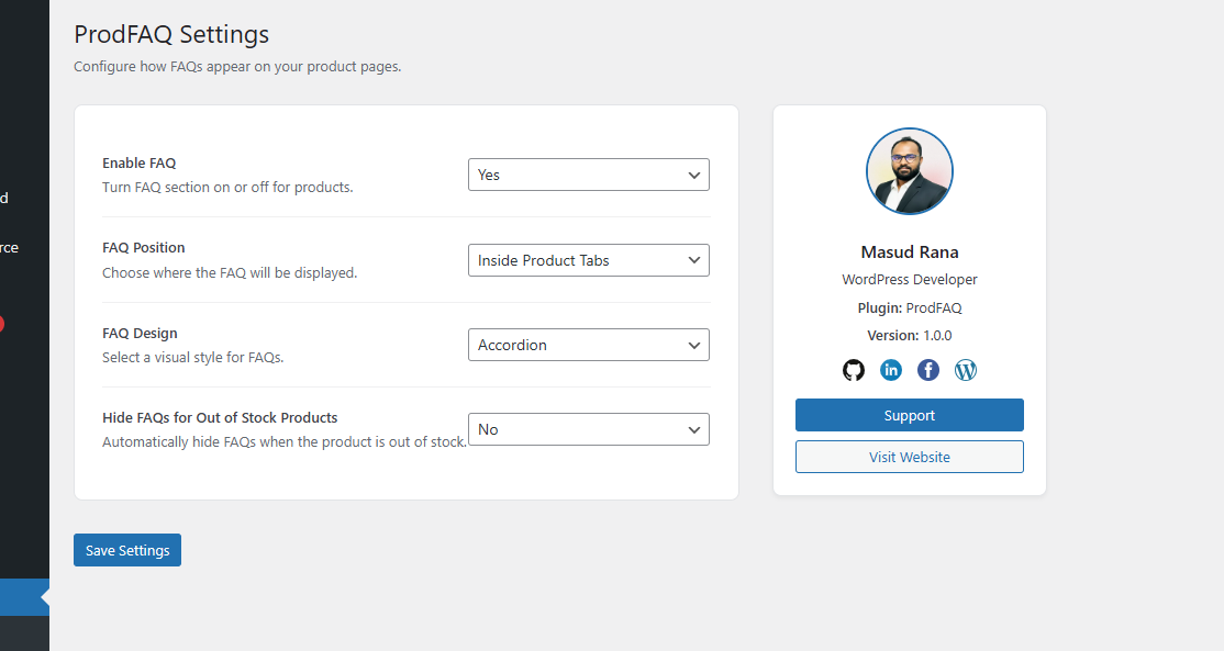 ProdFAQ settings page for position and design control