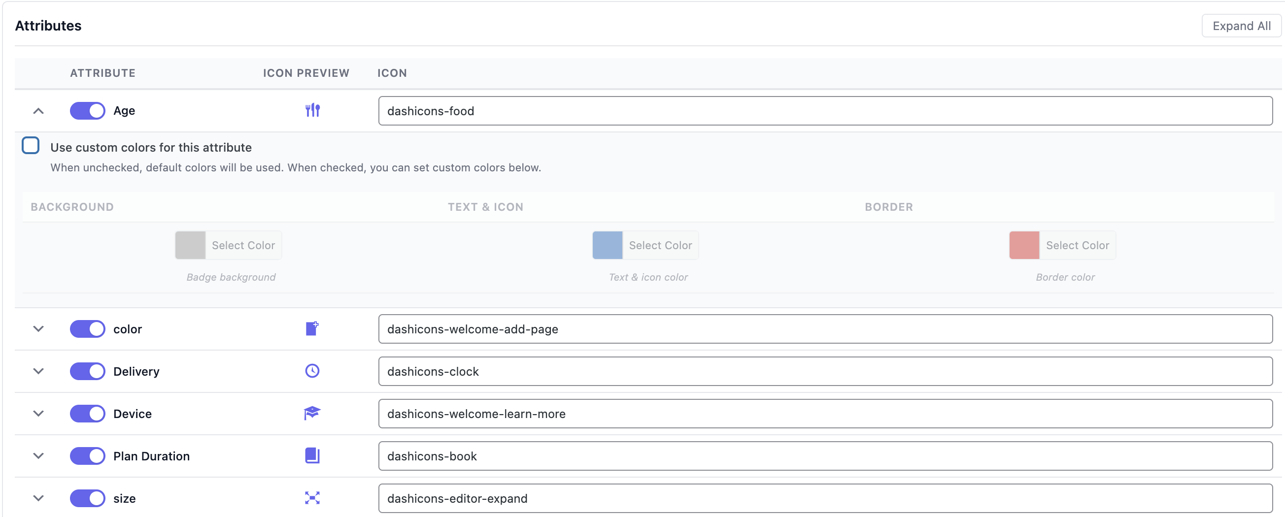 Custom color settings for individual attributes